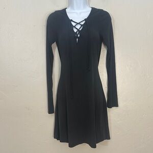 On The Road Black Long Sleeve Lace-Up Dress